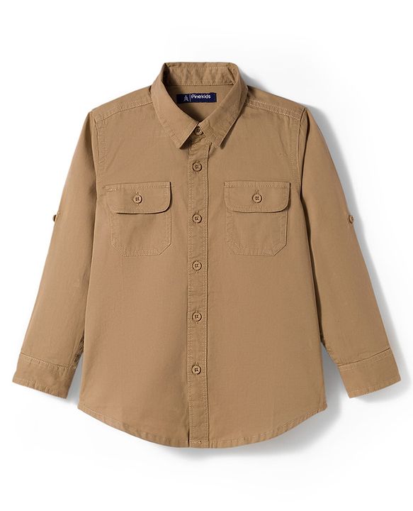 Pine Kids Cotton Woven Full Sleeves Solid Shirt with Inner Tee - Beige