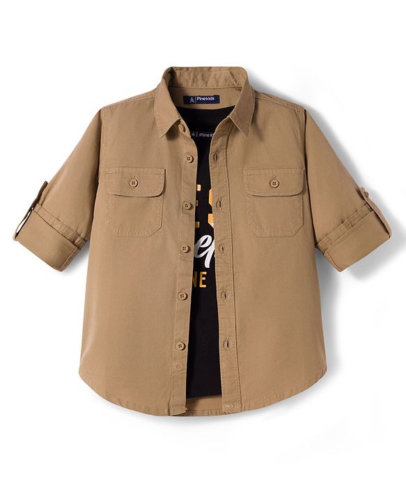 Pine Kids Cotton Woven Full Sleeves Solid Shirt with Inner Tee - Beige