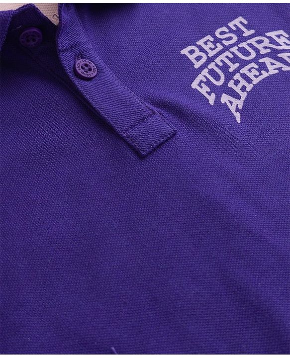 Pine Kids Cotton Knit Half Sleeves Polo T-Shirt with Colour Block Design & Text Print in Back - Purple
