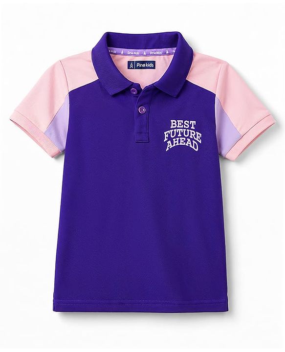 Pine Kids Cotton Knit Half Sleeves Polo T-Shirt with Colour Block Design & Text Print in Back - Purple