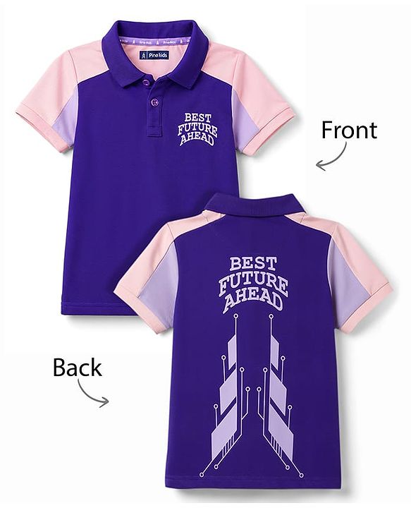 Pine Kids Cotton Knit Half Sleeves Polo T-Shirt with Colour Block Design & Text Print in Back - Purple