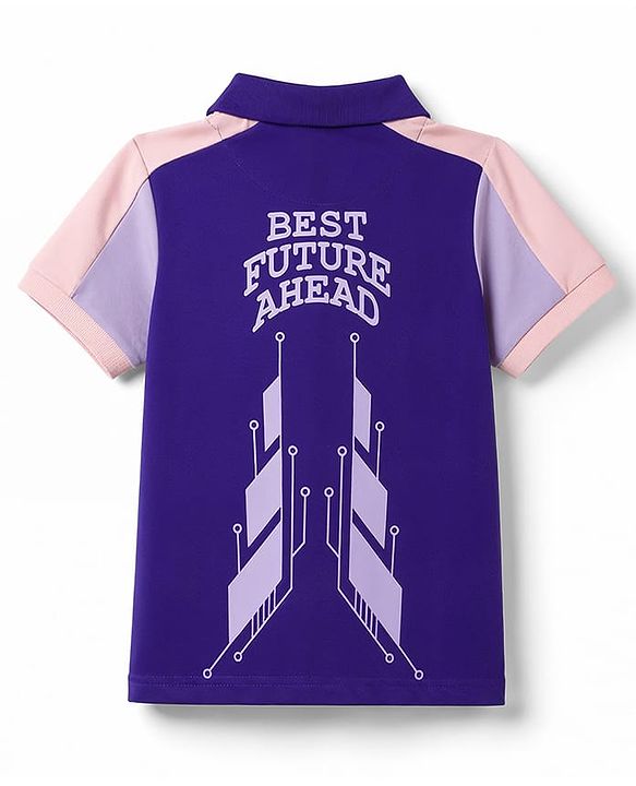 Pine Kids Cotton Knit Half Sleeves Polo T-Shirt with Colour Block Design & Text Print in Back - Purple