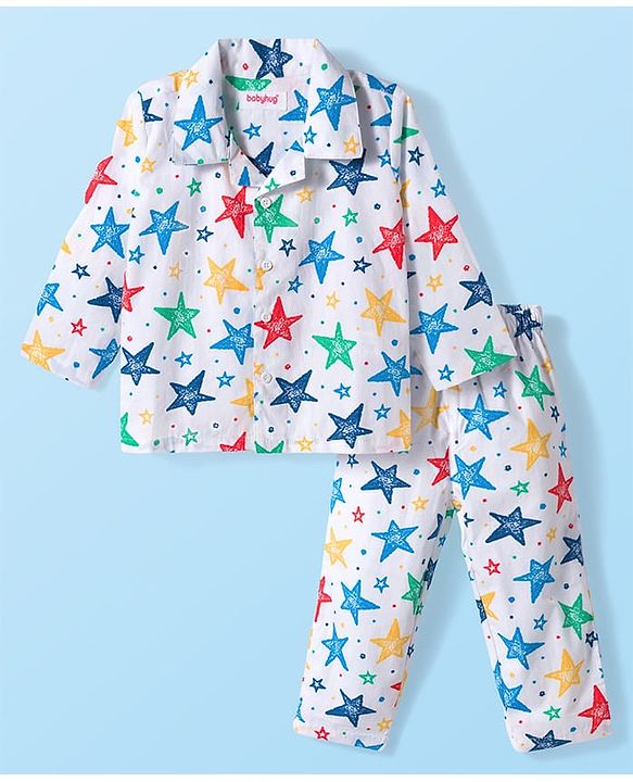 Babyhug Cotton Woven Full Sleeves Co-ord Night Suit With Star Print - White