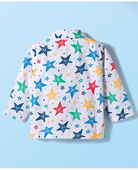 Babyhug Cotton Woven Full Sleeves Co-ord Night Suit With Star Print - White