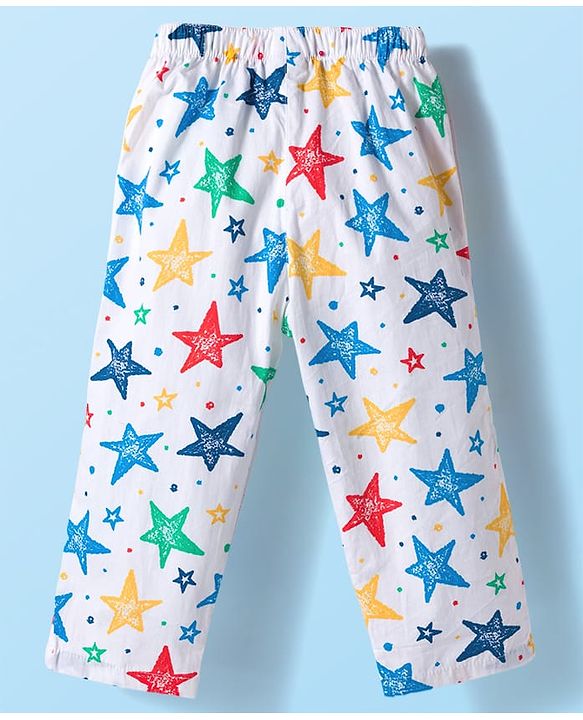 Babyhug Cotton Woven Full Sleeves Co-ord Night Suit With Star Print - White