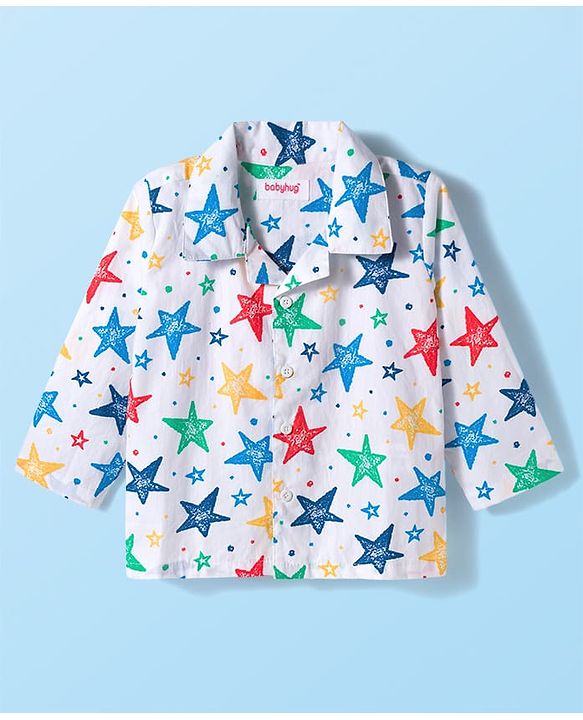 Babyhug Cotton Woven Full Sleeves Co-ord Night Suit With Star Print - White