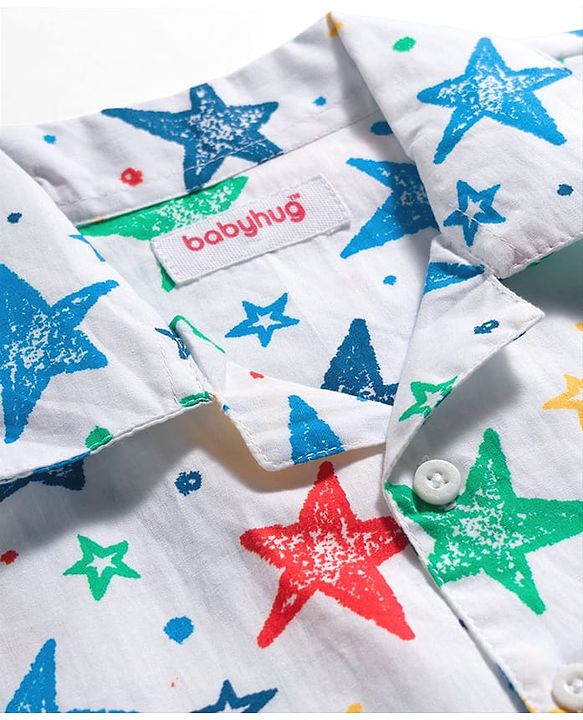 Babyhug Cotton Woven Full Sleeves Co-ord Night Suit With Star Print - White