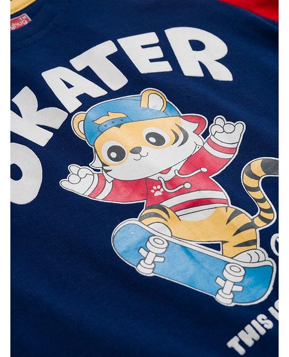 Babyhug Cotton Knit Full Raglan Sleeves T-Shirt With Animal Print - Navy Blue & Red