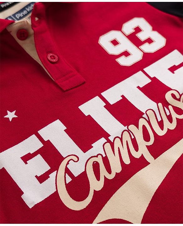 Pine Kids Cotton Knit Half Sleeves Polo T-Shirt with Colour Block Design & Text Print in Back - Red