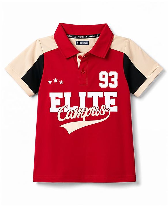 Pine Kids Cotton Knit Half Sleeves Polo T-Shirt with Colour Block Design & Text Print in Back - Red