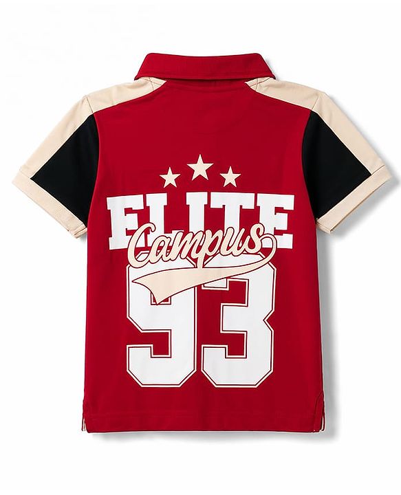 Pine Kids Cotton Knit Half Sleeves Polo T-Shirt with Colour Block Design & Text Print in Back - Red