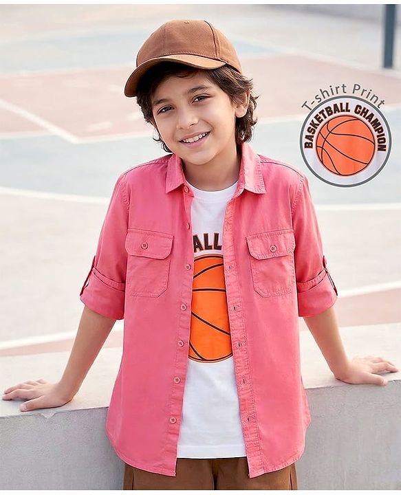 Pine Kids Cotton Woven Full Sleeves Solid Shirt With Basketball Champion Tank Top - Red