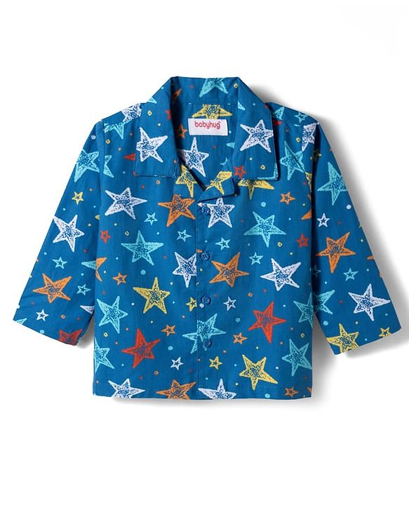 Babyhug Cotton Woven Full Sleeves Co-ord Night Suit With Star Print - Navy Blue