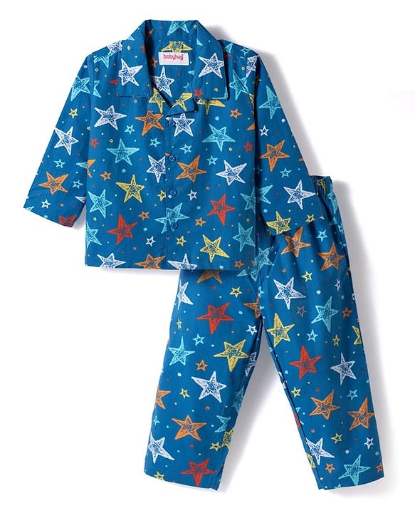 Babyhug Cotton Woven Full Sleeves Co-ord Night Suit With Star Print - Navy Blue