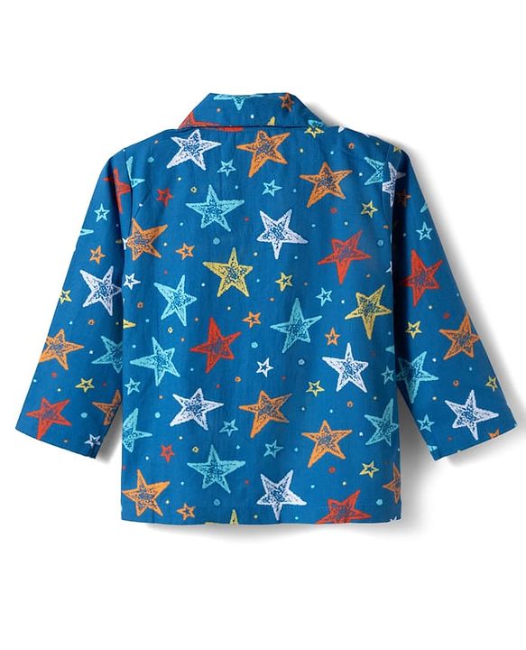 Babyhug Cotton Woven Full Sleeves Co-ord Night Suit With Star Print - Navy Blue