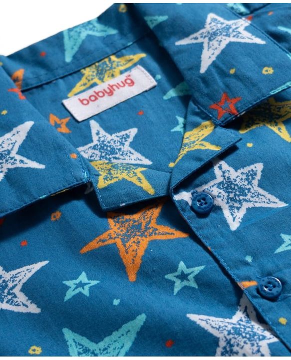 Babyhug Cotton Woven Full Sleeves Co-ord Night Suit With Star Print - Navy Blue