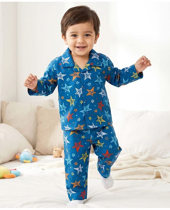 Babyhug Cotton Woven Full Sleeves Co-ord Night Suit With Star Print - Navy Blue