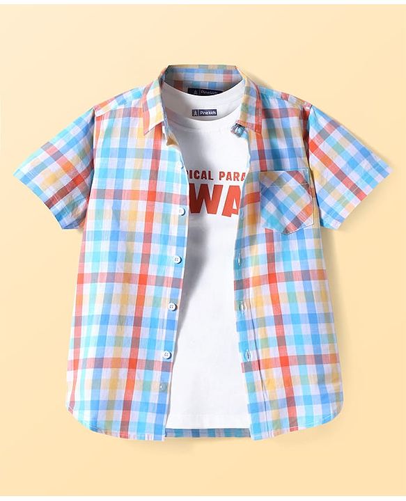 Pine Kids 100% Cotton Knit Half Sleeves Checks Shirt & Sleeveless Tank T-Shirt With Text Print - Multicolour