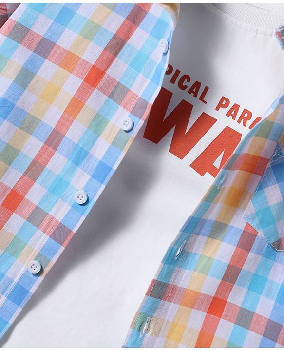 Pine Kids 100% Cotton Knit Half Sleeves Checks Shirt & Sleeveless Tank T-Shirt With Text Print - Multicolour