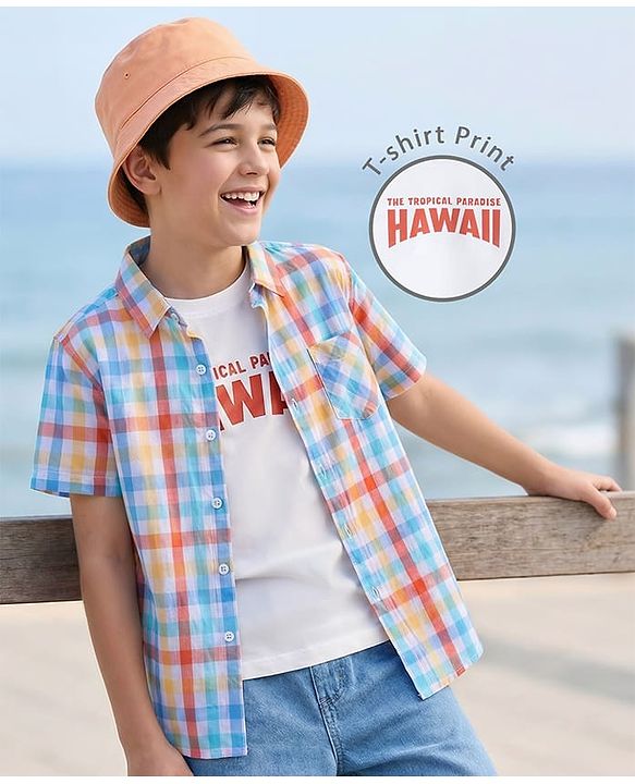 Pine Kids 100% Cotton Knit Half Sleeves Checks Shirt & Sleeveless Tank T-Shirt With Text Print - Multicolour