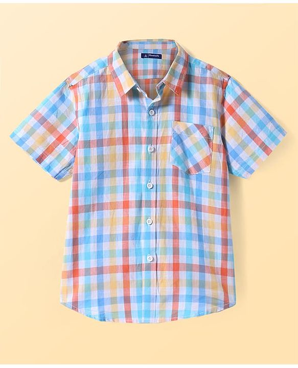 Pine Kids 100% Cotton Knit Half Sleeves Checks Shirt & Sleeveless Tank T-Shirt With Text Print - Multicolour