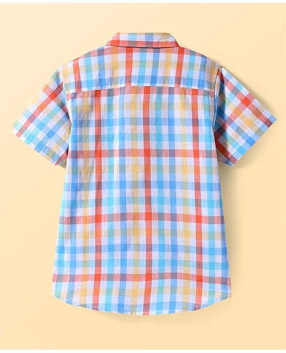 Pine Kids 100% Cotton Knit Half Sleeves Checks Shirt & Sleeveless Tank T-Shirt With Text Print - Multicolour