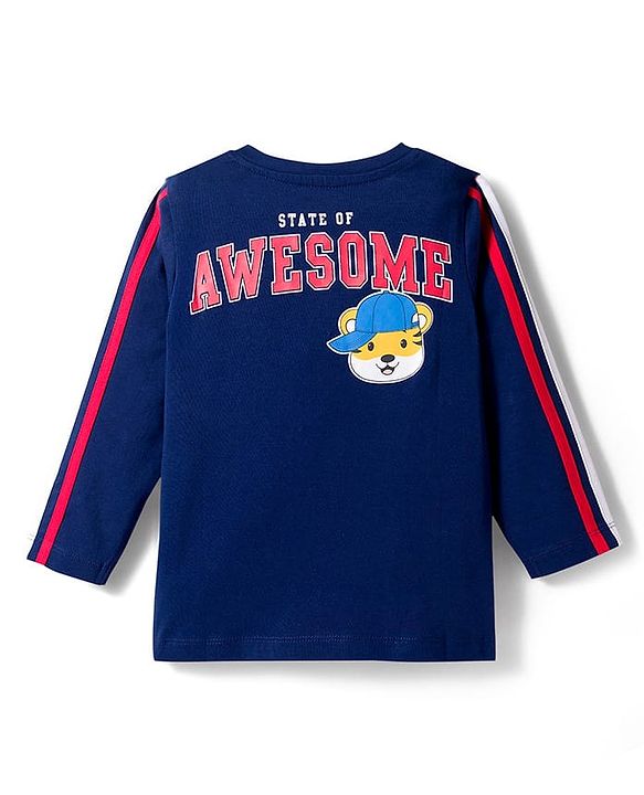 Babyhug Cotton Knit Full Sleeves Cut & Sew T-Shirt with Tiger Graphic & Tape Detailing - Red & Navy Blue