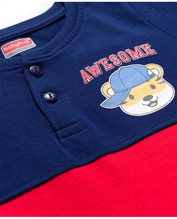 Babyhug Cotton Knit Full Sleeves Cut & Sew T-Shirt with Tiger Graphic & Tape Detailing - Red & Navy Blue