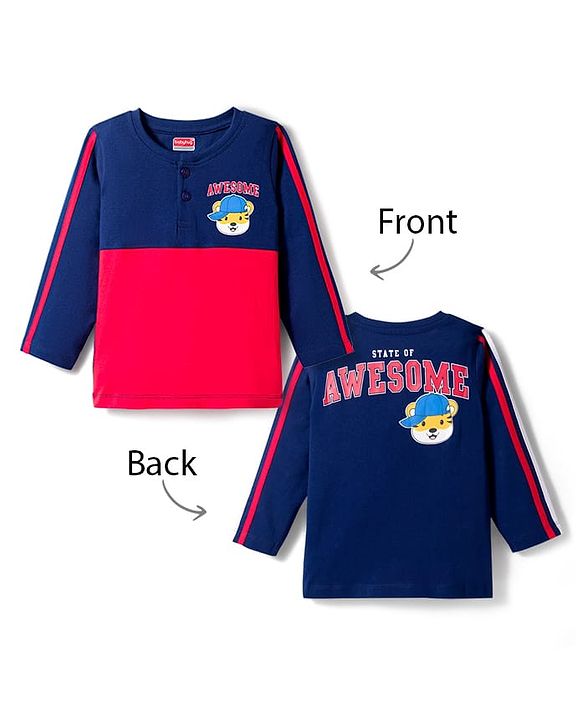 Babyhug Cotton Knit Full Sleeves Cut & Sew T-Shirt with Tiger Graphic & Tape Detailing - Red & Navy Blue