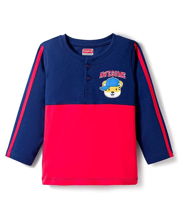 Babyhug Cotton Knit Full Sleeves Cut & Sew T-Shirt with Tiger Graphic & Tape Detailing - Red & Navy Blue