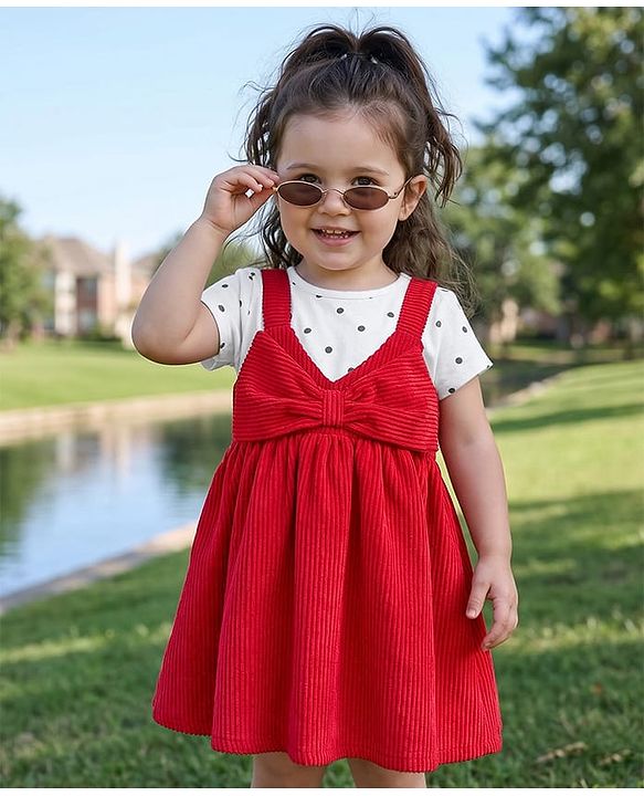 Babyhug Woven Frock with Half Sleeves Inner Tee & Bow Applique Polka Dot Print - Red & White
