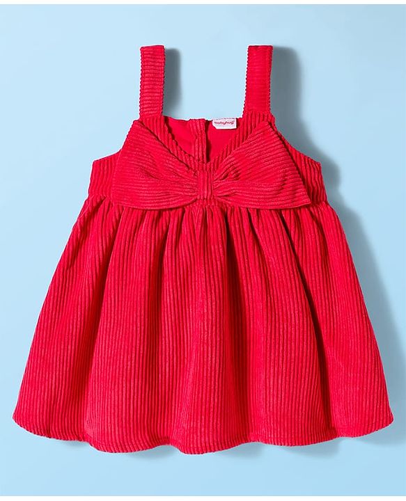 Babyhug Woven Frock with Half Sleeves Inner Tee & Bow Applique Polka Dot Print - Red & White