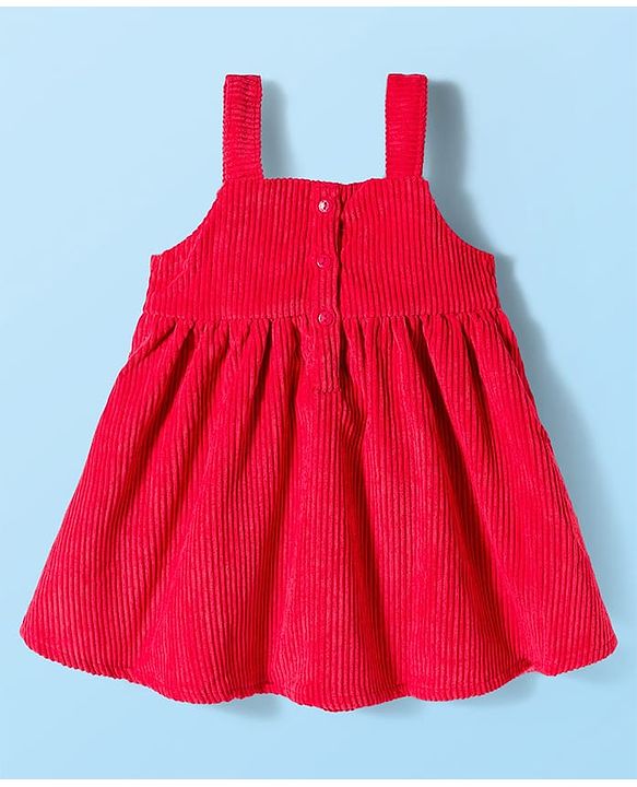 Babyhug Woven Frock with Half Sleeves Inner Tee & Bow Applique Polka Dot Print - Red & White