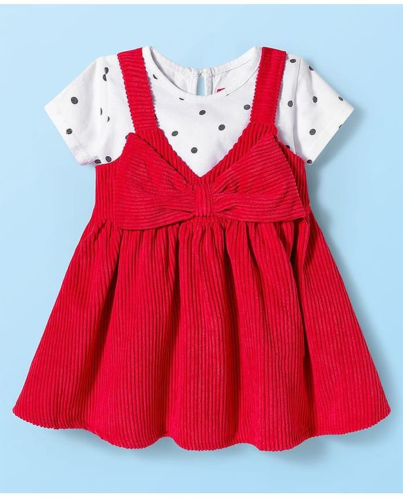 Babyhug Woven Frock with Half Sleeves Inner Tee & Bow Applique Polka Dot Print - Red & White