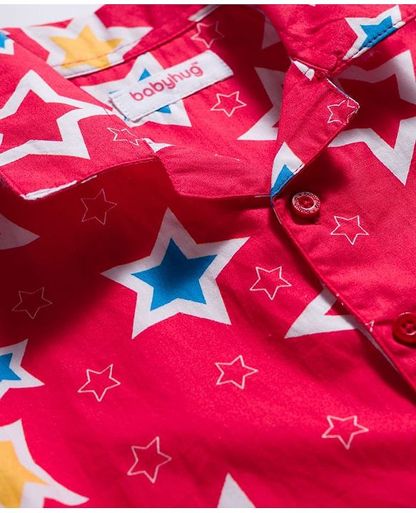 Babyhug Cotton Woven Full Sleeves Co-ord Night Suit With Star Print - Red