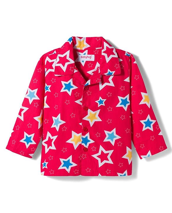Babyhug Cotton Woven Full Sleeves Co-ord Night Suit With Star Print - Red