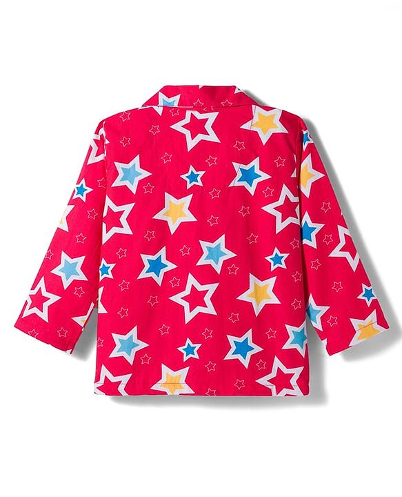 Babyhug Cotton Woven Full Sleeves Co-ord Night Suit With Star Print - Red
