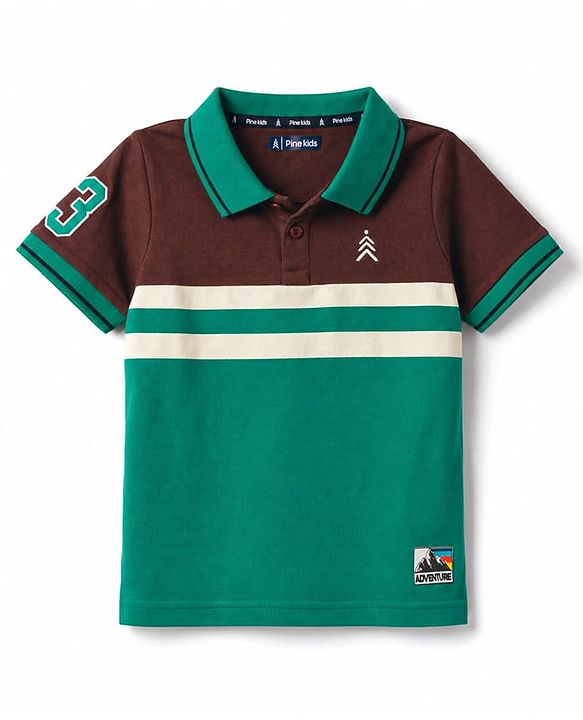 Pine Kids Cotton Knit Half Sleeves Striped Polo T-Shirt With Patch - Green & Black