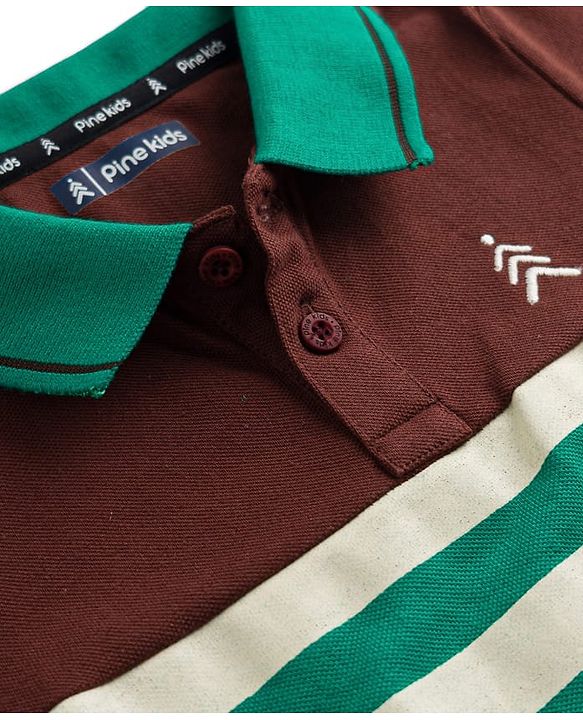 Pine Kids Cotton Knit Half Sleeves Striped Polo T-Shirt With Patch - Green & Black