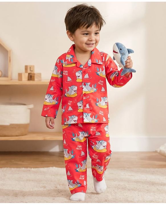 Babyhug Cotton Woven Full Sleeves Co-ord Night Suit With Shark Print - Red