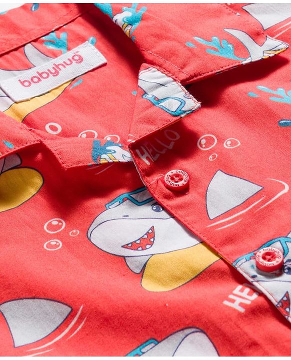 Babyhug Cotton Woven Full Sleeves Co-ord Night Suit With Shark Print - Red