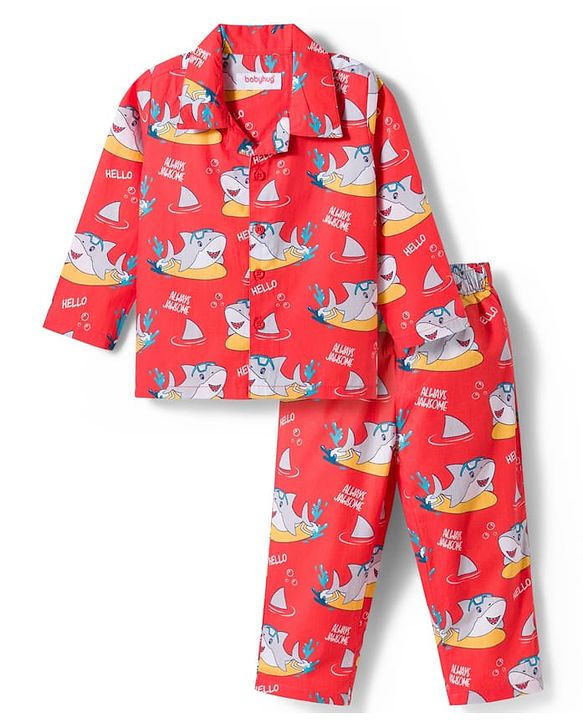 Babyhug Cotton Woven Full Sleeves Co-ord Night Suit With Shark Print - Red