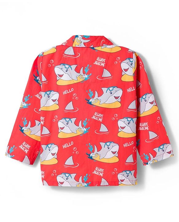 Babyhug Cotton Woven Full Sleeves Co-ord Night Suit With Shark Print - Red