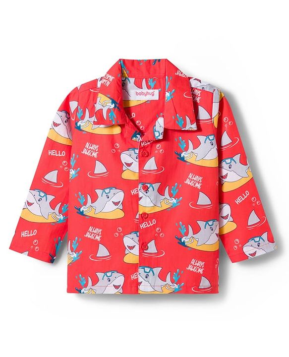 Babyhug Cotton Woven Full Sleeves Co-ord Night Suit With Shark Print - Red