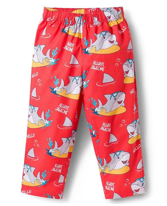 Babyhug Cotton Woven Full Sleeves Co-ord Night Suit With Shark Print - Red