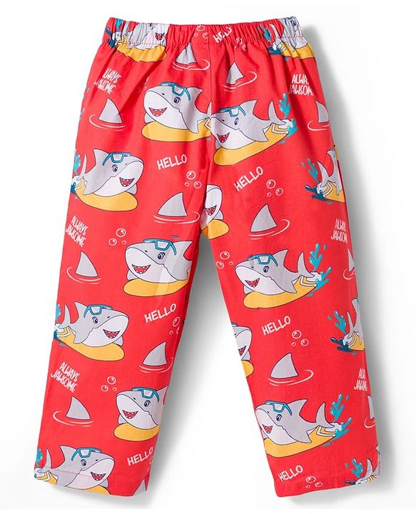Babyhug Cotton Woven Full Sleeves Co-ord Night Suit With Shark Print - Red