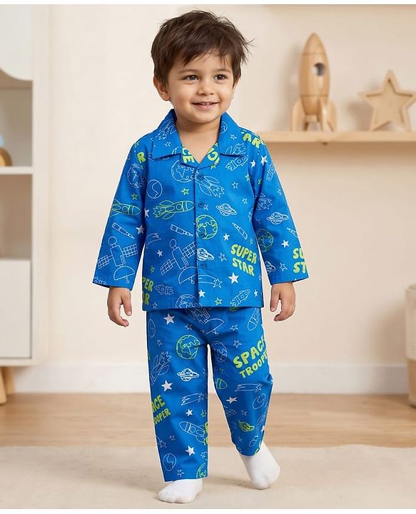 Babyhug Cotton Woven Full Sleeves Front Open Co-Ord Night Suit with Space Theme Print - Blue