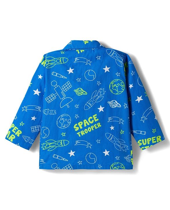 Babyhug Cotton Woven Full Sleeves Front Open Co-Ord Night Suit with Space Theme Print - Blue