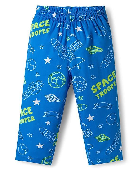 Babyhug Cotton Woven Full Sleeves Front Open Co-Ord Night Suit with Space Theme Print - Blue