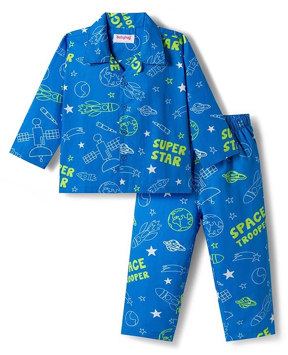 Babyhug Cotton Woven Full Sleeves Front Open Co-Ord Night Suit with Space Theme Print - Blue